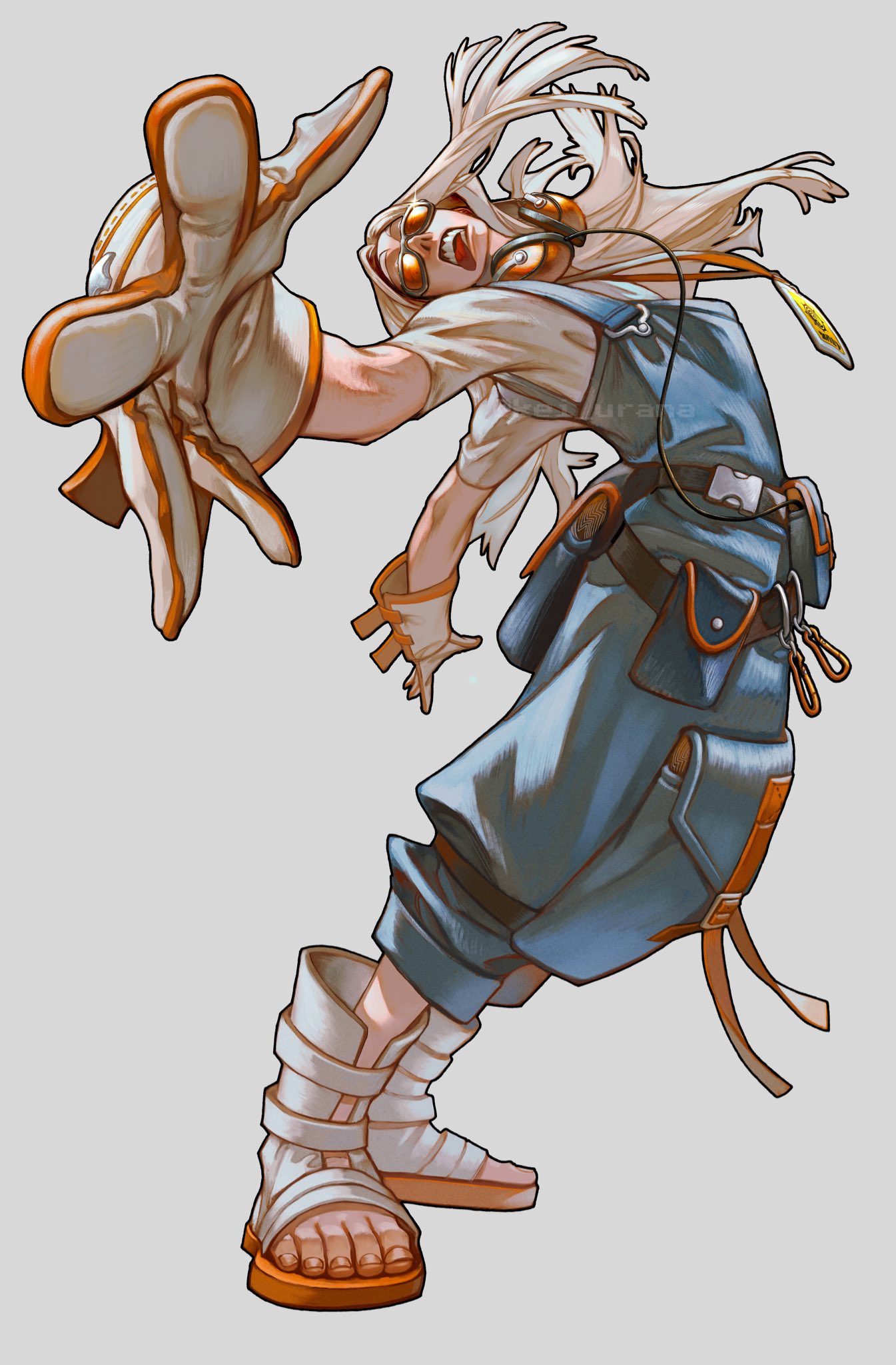 1boy, arched_back, artist_name, august_stilza, blue_overalls, boots, commentary_request, dynamic_pose