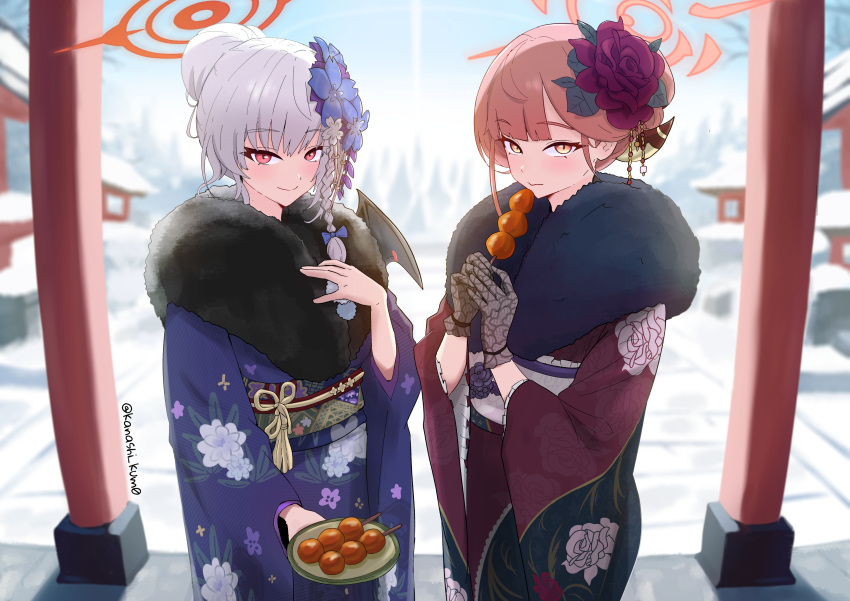 2girls, absurdres, aru_(blue_archive), aru_(new_year)_(blue_archive), black_gloves, blue_archive, blue_flower, blush