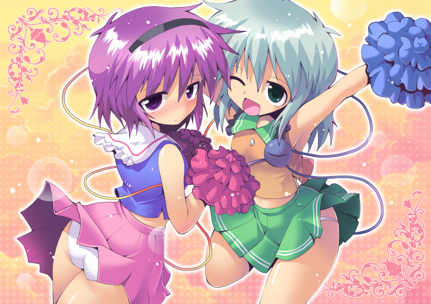 ass, cheerleader, eyeball, green_eyes, hairband, highres, komeiji_koishi, komeiji_satori