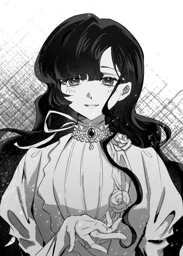 1girl, :d, akina_(akatsuki1218000), dress, gloves, gown, gradient_background, greyscale, hand_up, isolde_(reverse:1999), juliet_sleeves, long_hair, long_sleeves, looking_at_viewer, monochrome, puffy_sleeves, reverse:1999, smile, solo, upper_body, wavy_hair