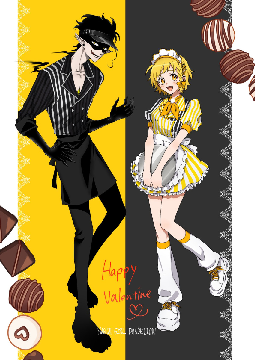 1boy, 1girl, 62kaeru, apron, black_background, black_hair, black_jacket, black_stripes, blonde_hair, chocolate, colored_skin, dress, english_text, fingernails, grey_skin, happy_valentine, highres, jacket, mahou_shoujo_dandelion, maid_apron, maid_headdress, pinstripe_pattern, puffy_short_sleeves, puffy_sleeves, roller_skates, shade_(magical_girl_dandelion), shadow, sharp_fingernails, shoes, short_sleeves, skates, sneakers, socks, tanpopo_ohanami, two-tone_background, two-tone_dress, waiter, waitress, white_socks, yellow_background, yellow_eyes, yellow_stripes