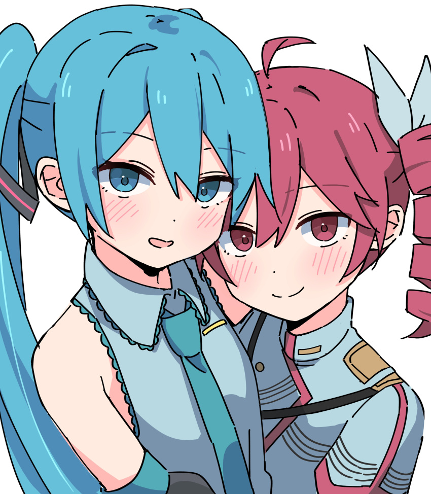 2girls, absurdres, ahoge, auhuheben17, bare_shoulders, black_bow, blue_hair, blue_necktie