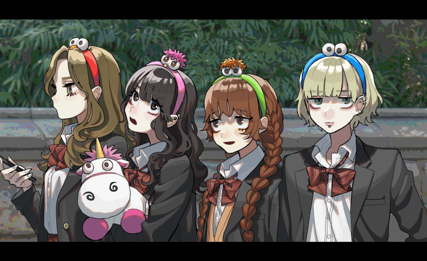 4girls, black_hair, black_jacket, blonde_hair, blue_hairband, bow, bowtie, braid