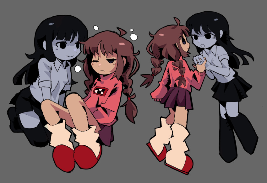 2girls, ahoge, black_eyes, black_hair, black_skirt, black_socks, braid, brown_hair