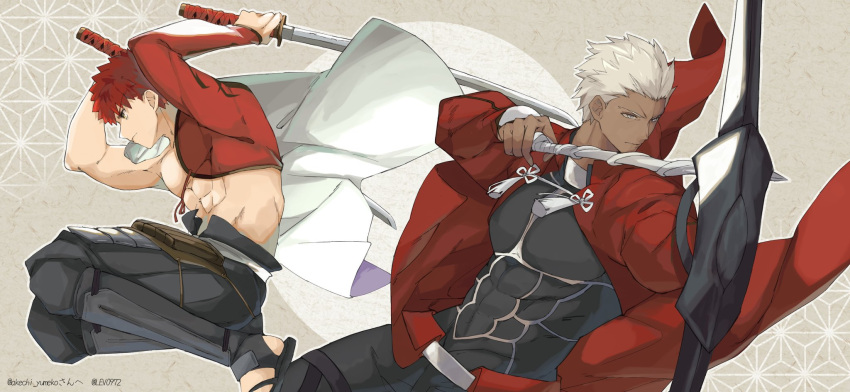 2boys, archer_(fate), armor, bow_(weapon), caladbolg_(fate), cape, coat, dark-skinned_male, dark_skin, emiya_shirou, fate_(series), highres, holding, holding_sword, holding_weapon, kamigokuin, multiple_boys, red_coat, red_hair, senji_muramasa_(fate), sword, toned, toned_male, weapon, white_cape, white_hair