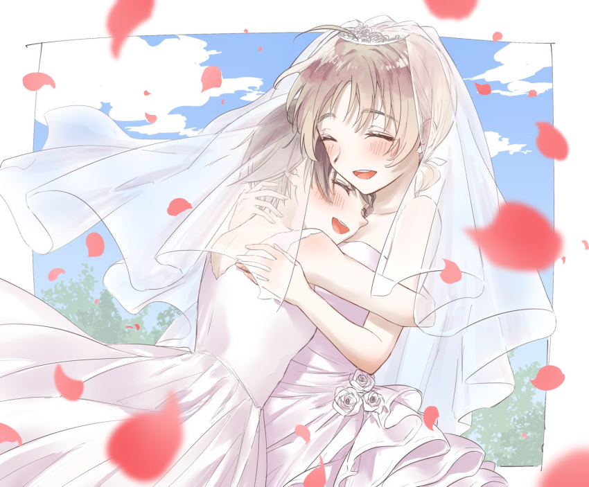 2girls, blue_sky, blush, bridal_veil, brown_hair, closed_eyes, clouds, dress, falling_petals, happy, highres, hug, long_hair, lynette_bishop, miyafuji_yoshika, multiple_girls, open_mouth, outdoors, petals, shima7_c, short_hair, sky, smile, standing, strike_witches, tree, veil, wedding_dress, wife_and_wife, world_witches_series, yuri