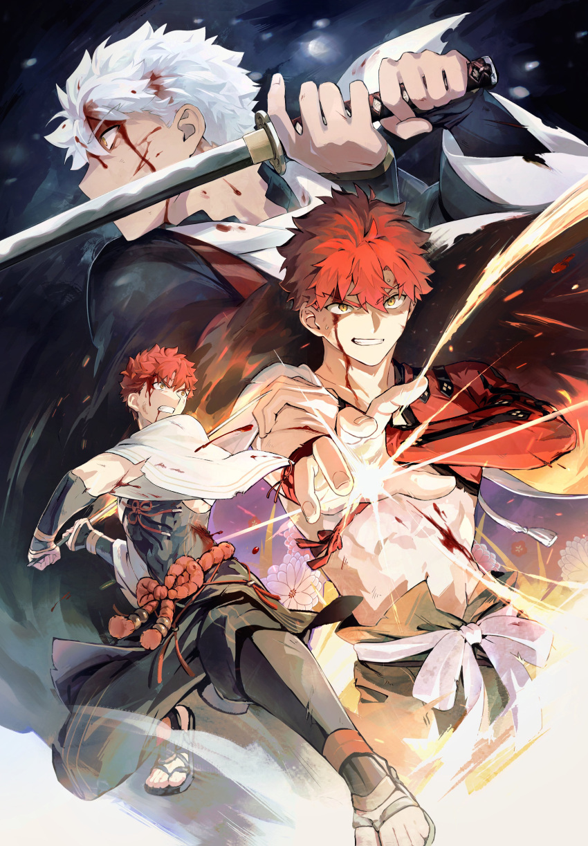 1boy, absurdres, blood, blood_on_face, emiya_shirou, fate/grand_order, fate_(series), fighting_stance