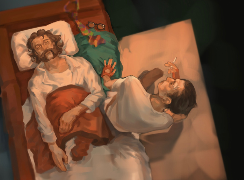 2boys, arm_up, beard, black-framed_eyewear, black_hair, brown_gloves, brown_hair, cigarette
