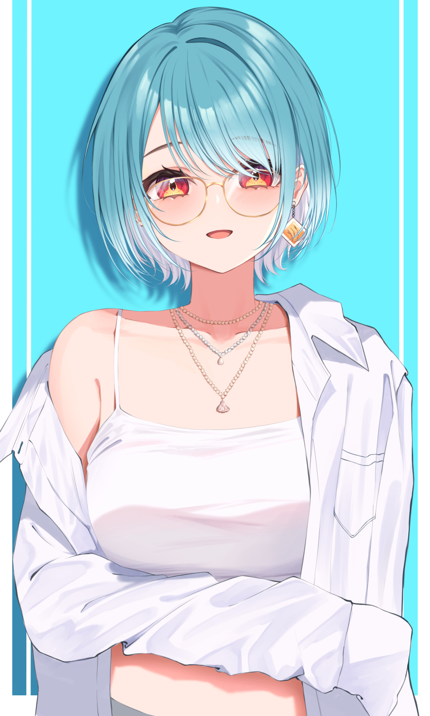1girl, absurdres, blue_background, blue_hair, camisole, collarbone, earrings, glasses