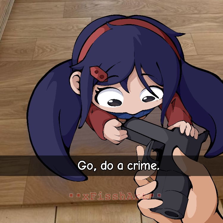 artist_name, black_eyes, caption, chibi, chibi_mita_(miside), english_commentary, english_text, go_do_a_crime_(meme)