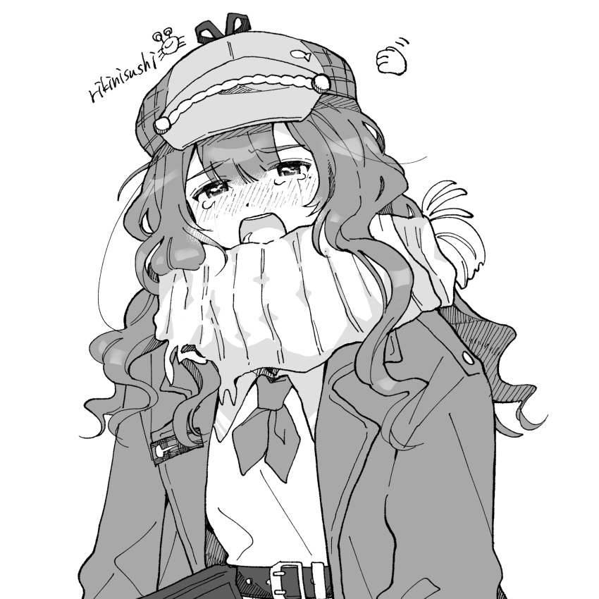 1girl, artist_name, belt, blush, cabbie_hat, coat, crying, crying_with_eyes_open
