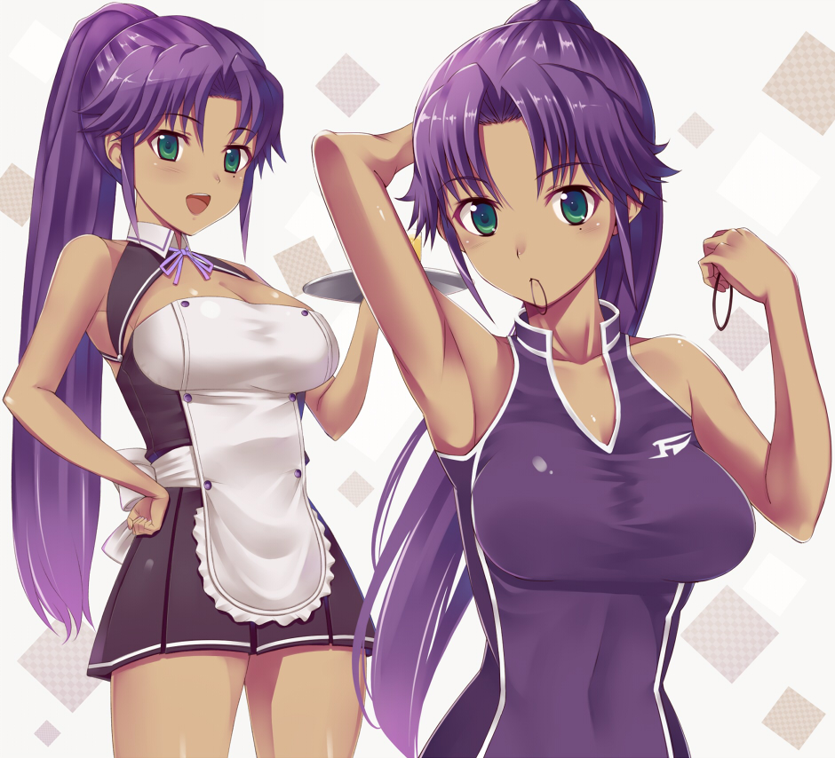 :d, apron, armpits, asuka_(dream_c_club_zero), blush, breasts, cleavage, dark_skin