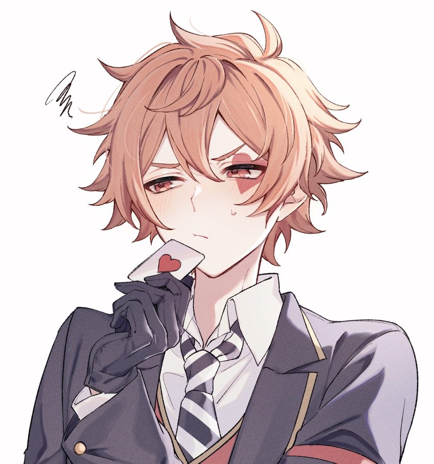 1boy, ace_trappola, black_gloves, black_jacket, black_necktie, blush, card, collared_shirt