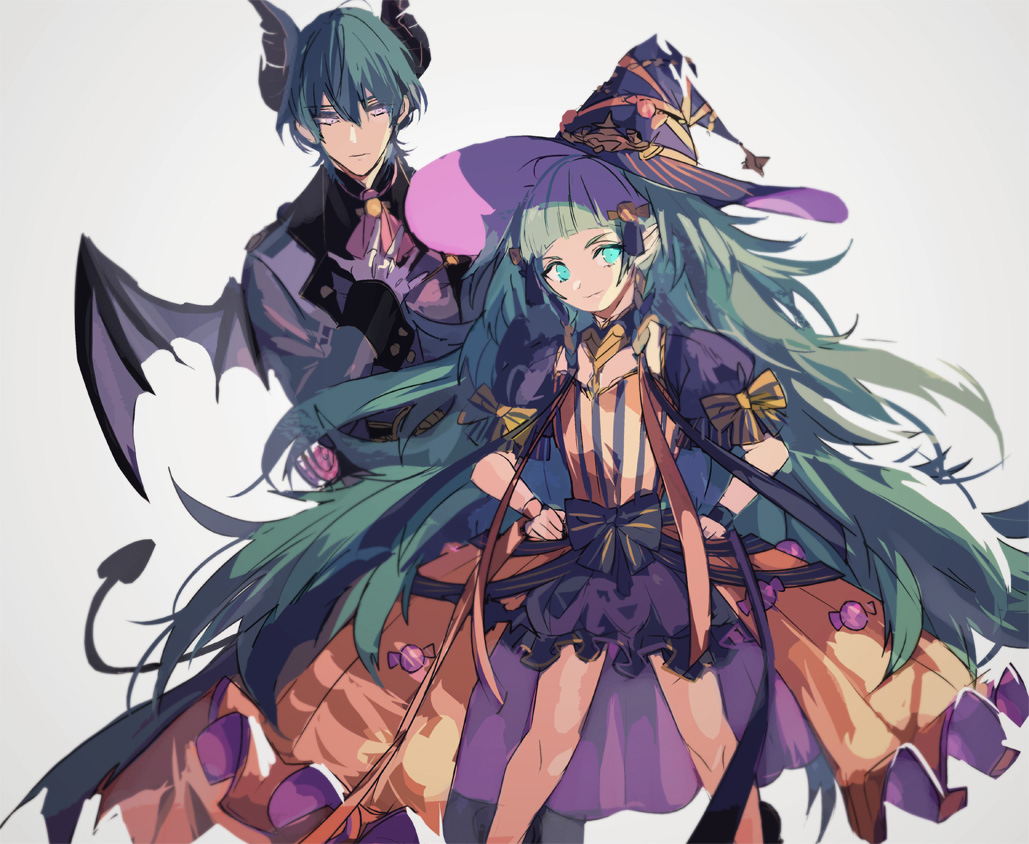 1boy, 1girl, blue_eyes, blue_hair, blunt_bangs, byleth_(fire_emblem), byleth_(male)_(fire_emblem), byleth_(male)_(halloween)_(fire_emblem)