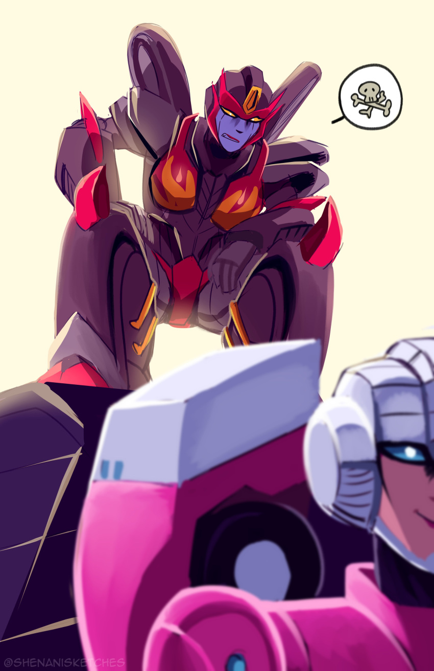 2girls, absurdres, arcee, blue_eyes, flame_print, flamewar, helmet, highres