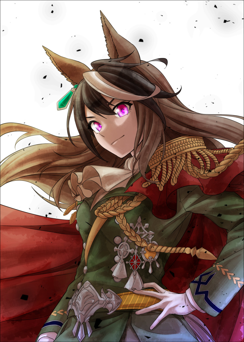 absurdres, aiguillette, animal_ears, ascot, brown_hair, cape, commentary_request, cover
