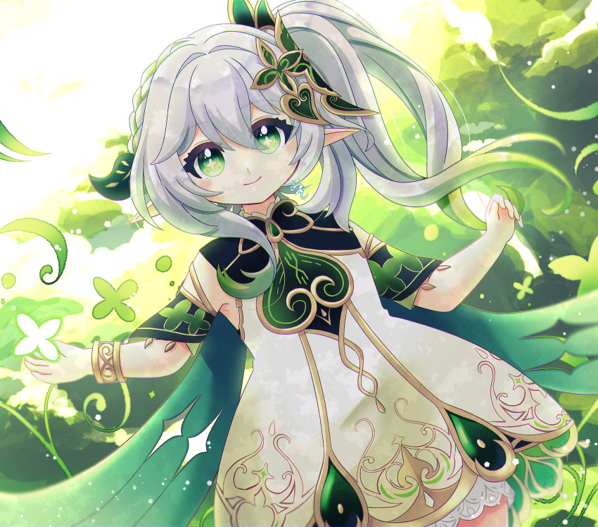 1girl, closed_mouth, commentary_request, cross-shaped_pupils, dlllll_lllllb, dress, genshin_impact, gradient_hair, green_eyes, green_hair, grey_hair, hair_between_eyes, highres, multicolored_hair, nahida_(genshin_impact), pointy_ears, short_shorts, shorts, shorts_under_dress, side_ponytail, sleeveless, sleeveless_dress, smile, solo, symbol-shaped_pupils, white_dress, white_shorts
