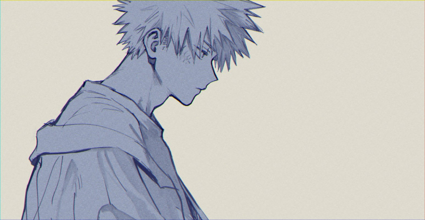 1boy, adam's_apple, bakugou_katsuki, boku_no_hero_academia, closed_mouth, cream_background, head_down, hospital_gown