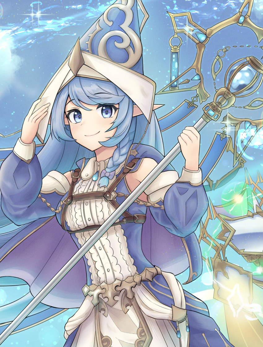 1girl, blue_eyes, blue_hair, braid, breasts, cape, detached_sleeves, duel_monster