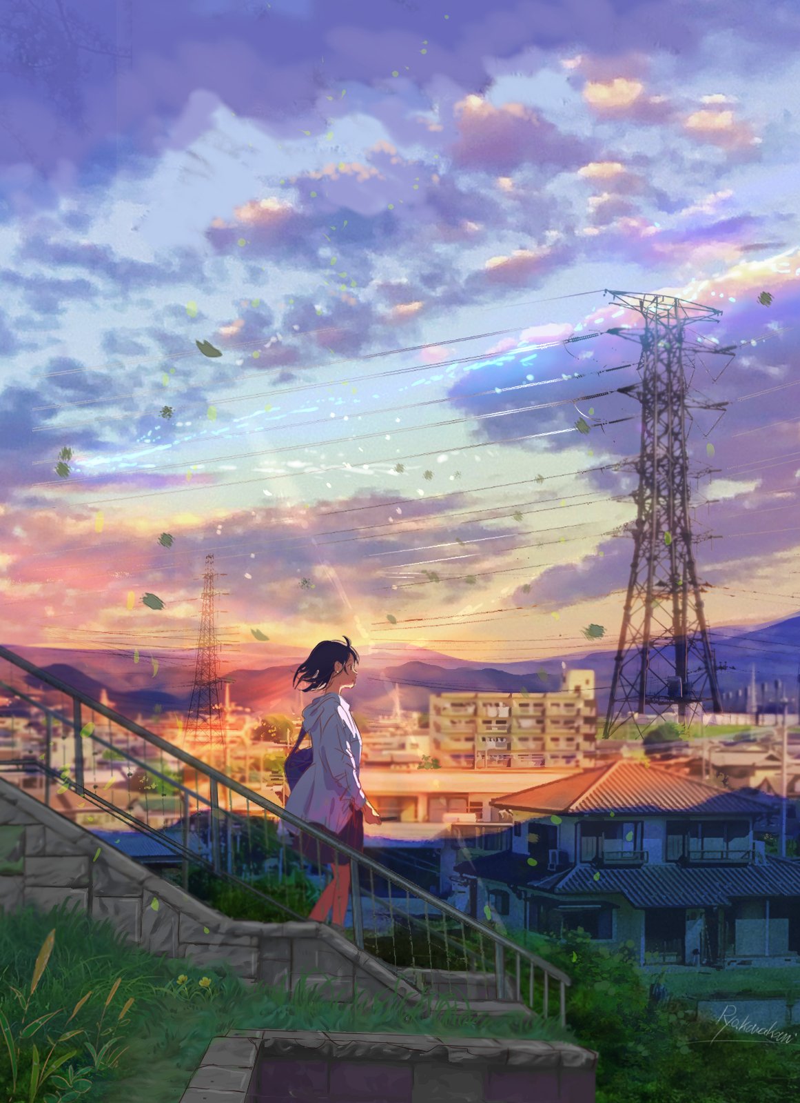 1girl, apartment, bag, black_skirt, blue_sky, building, cityscape, clouds
