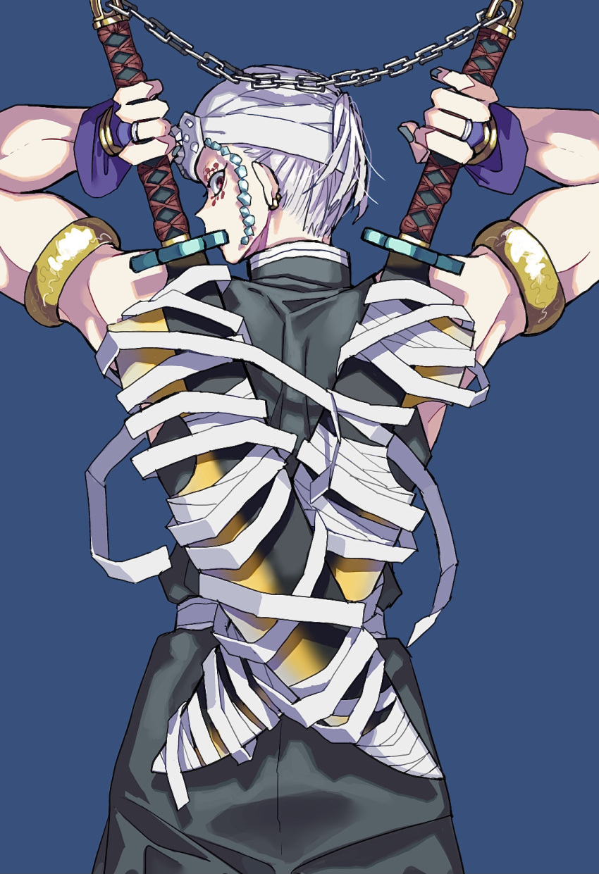 1boy, armlet, bandaged_weapon, biceps, blue_background, blue_nails, bridal_gauntlets, chain
