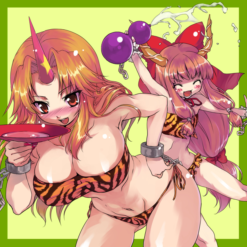 bikini, blonde_hair, blush, bow, breasts, chain, chains, cleavage