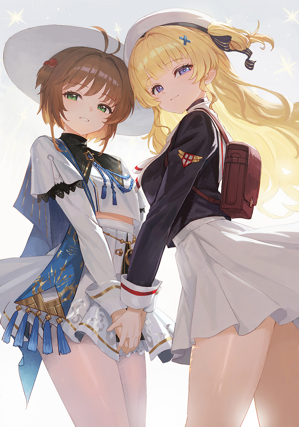 black_bow, black_collar, black_shirt, blonde_hair, blue_eyes, blue_sash, bow, breasts