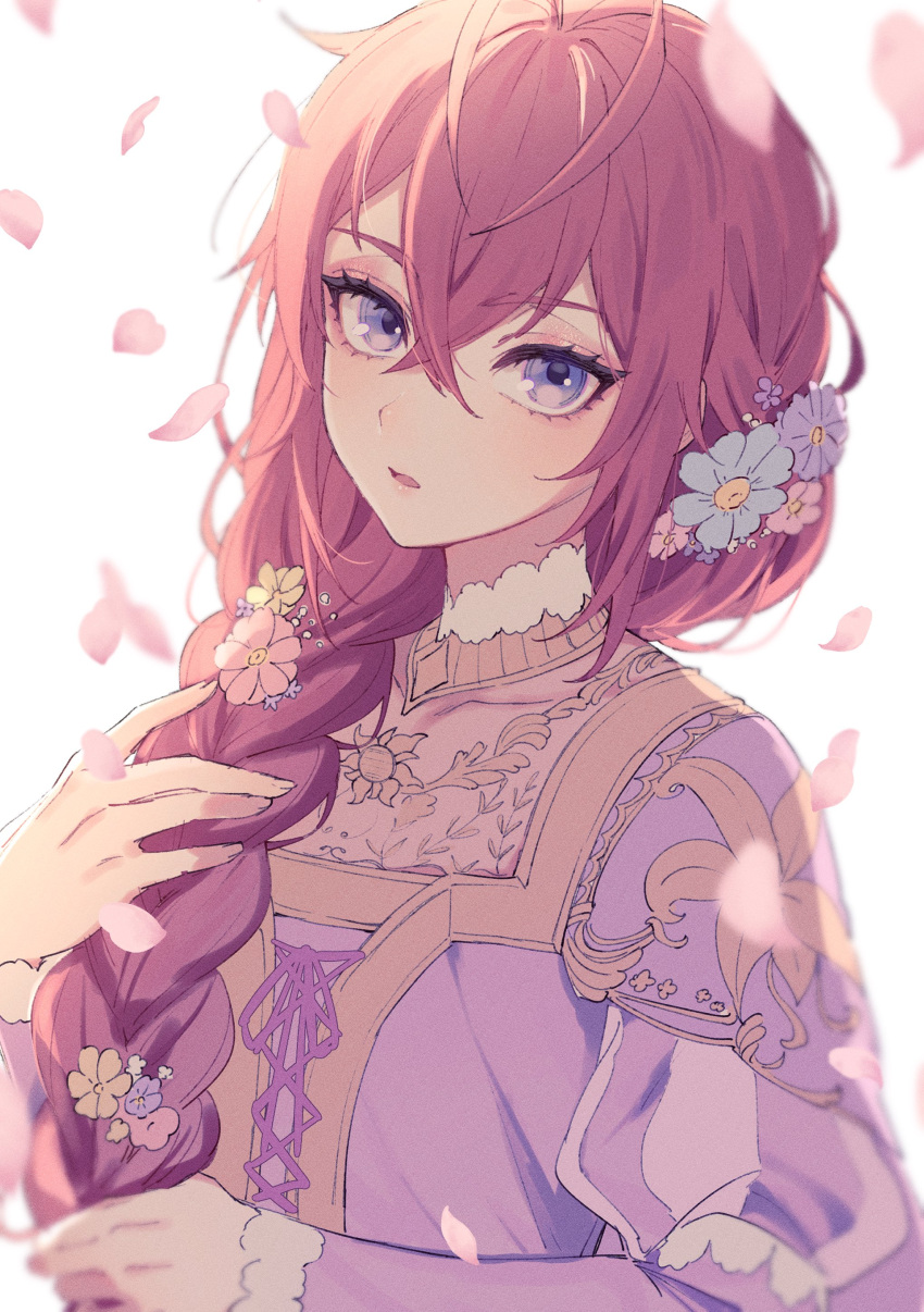 1boy, absurdres, blue_flower, braid, crossdressing, dress, falling_petals, flower, hair_flower, hair_ornament, highres, kyomu_(rwv0p), long_hair, long_sleeves, looking_at_viewer, male_focus, official_alternate_costume, official_alternate_hair_length, official_alternate_hairstyle, parted_lips, petals, pink_flower, purple_dress, purple_flower, red_hair, riddle_rosehearts, solo, twisted_wonderland, upper_body, violet_eyes