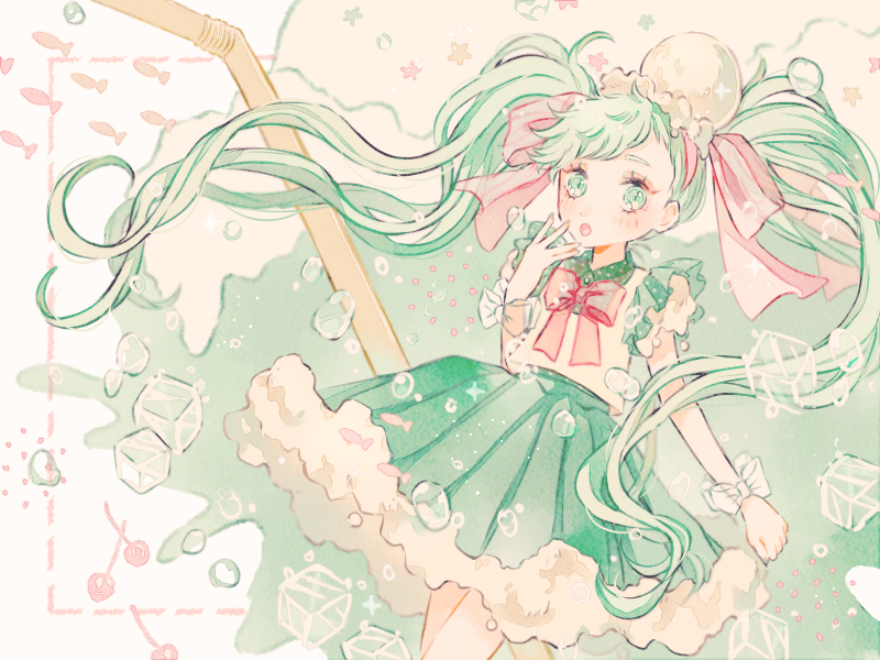 1girl, :o, aqua_eyes, aqua_hair, bow, bracelet_bow, bubble, drinking_straw