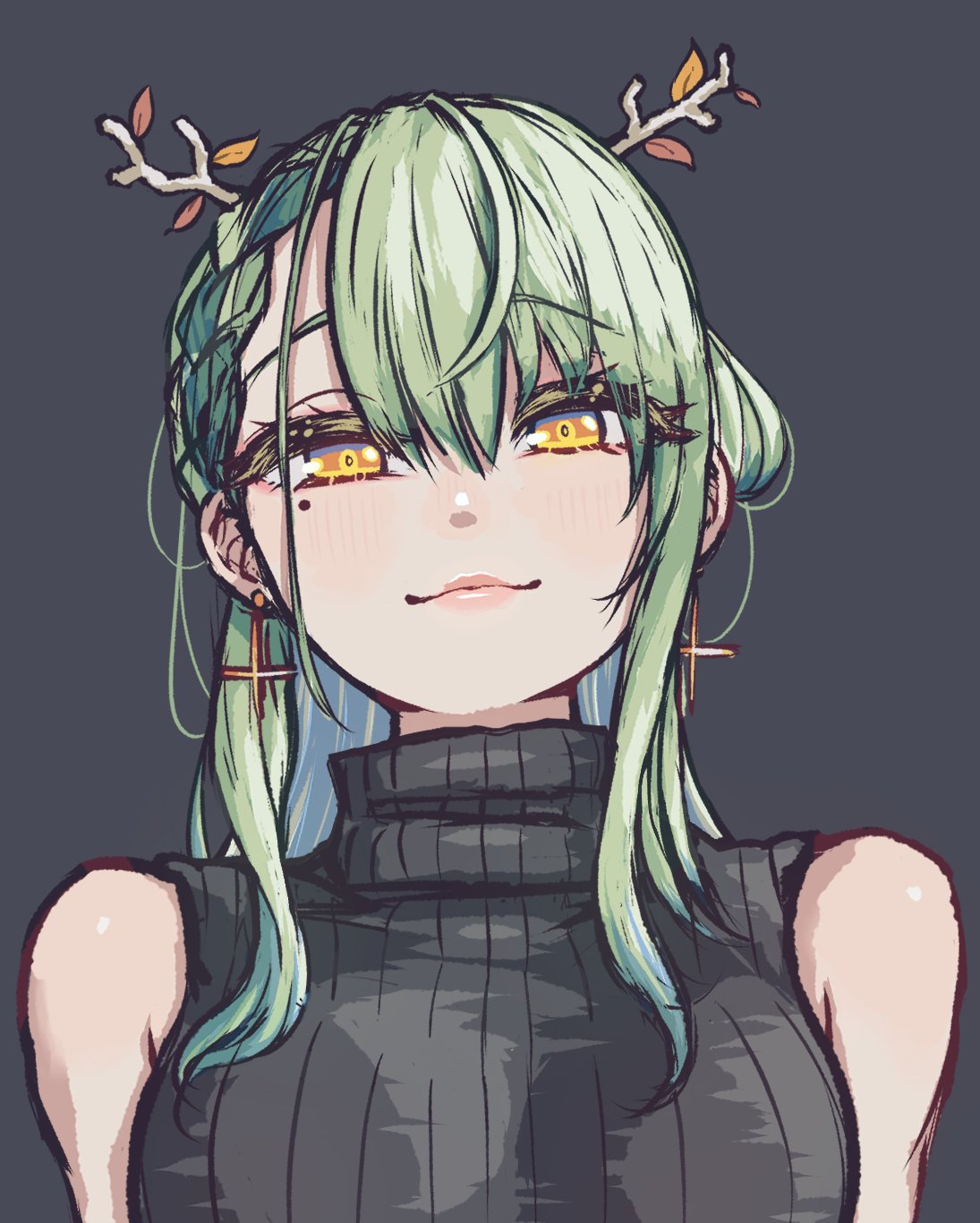 1girl, antlers, black_sweater, braid, braided_bangs, ceres_fauna, closed_mouth, cross, cross_earrings, earrings, english_commentary, green_hair, highres, hololive, hololive_english, horns, jewelry, looking_at_viewer, mole, mole_under_eye, osakasa, portrait, simple_background, single_braid, sleeveless, sleeveless_turtleneck, smile, solo, sweater, turtleneck, turtleneck_sweater, yellow_eyes