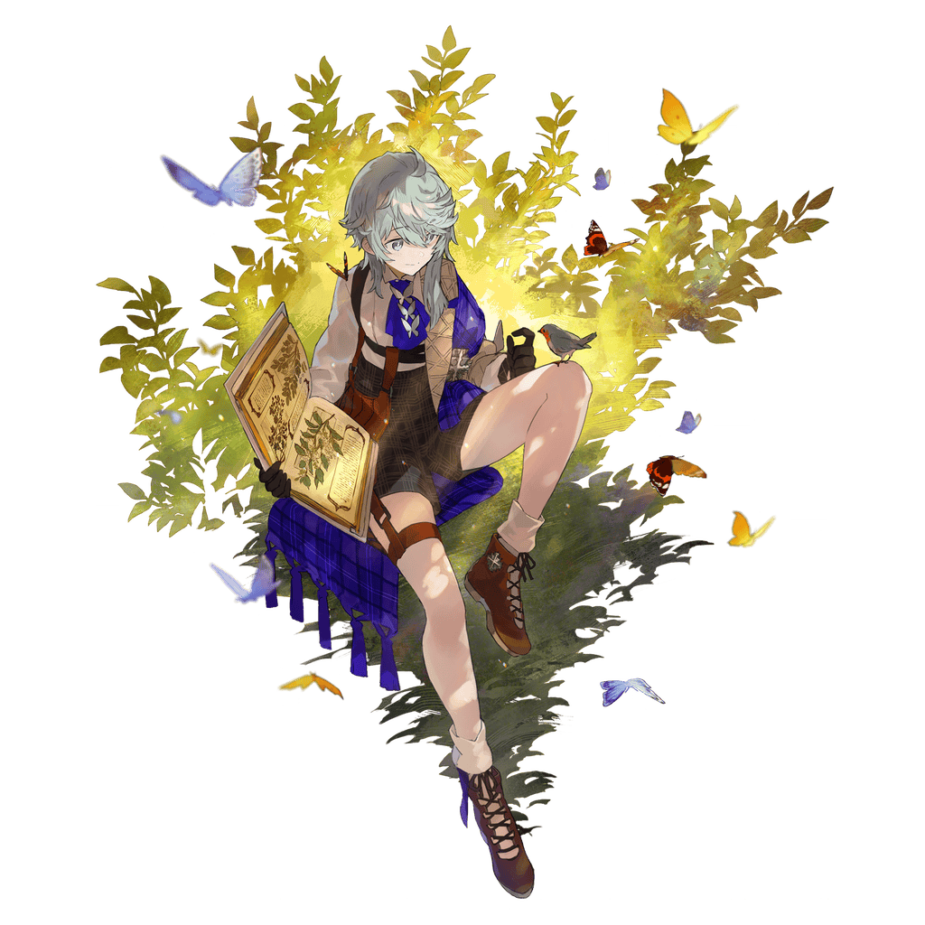 1girl, ankle_boots, ascot, aster_tatariqus, bird, bird_on_knee, black_gloves, black_shorts, blue_ascot, book, boots, brown_boots, bug, butterfly, closed_mouth, collared_shirt, commentary_request, galahad_(aster_tatariqus), garter_straps, gloves, grey_eyes, grey_hair, holding, holding_book, long_sleeves, looking_at_animal, official_alternate_costume, official_art, open_book, plant, shirt, short_hair_with_long_locks, shorts, simple_background, single_thighhigh, sitting, smile, solo, thigh-highs, third-party_source, transparent_background, watarubou, white_shirt, white_thighhighs