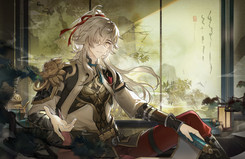 1boy, absurdres, armor, bird, chinese_clothes, chinese_commentary, commentary_request, crossed_bangs