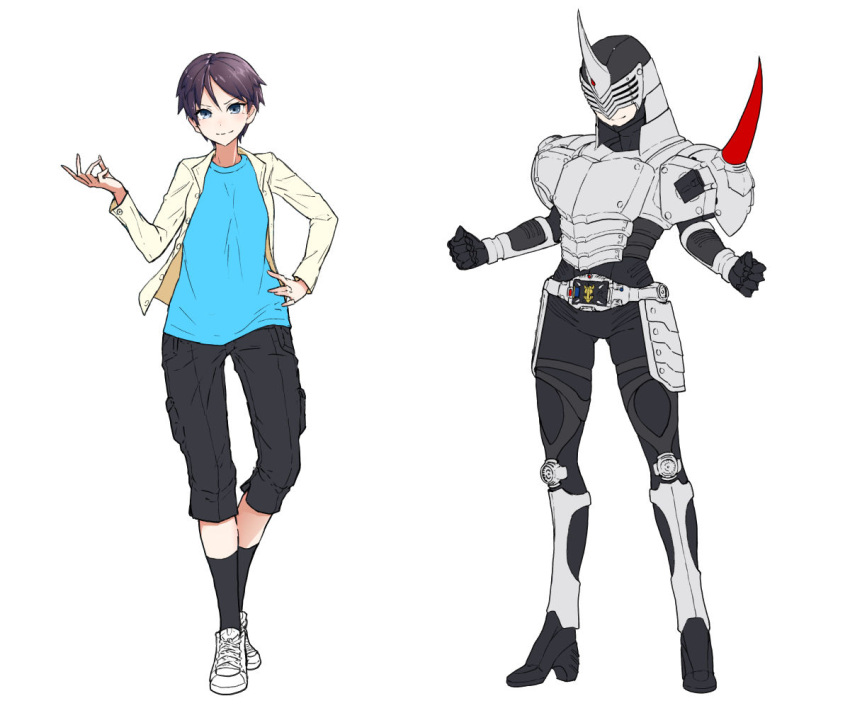 2girls, armor, belt, black_bodysuit, black_pants, black_socks, blue_eyes, blue_shirt, bodysuit, capri_pants, clenched_hands, closed_mouth, commentary, dual_persona, eidenjyou1997, fake_horns, full_body, genderswap, genderswap_(mtf), grey_armor, hand_on_own_hip, helmet, horned_helmet, horns, jacket, kamen_rider, kamen_rider_gai, kamen_rider_ryuki_(series), kneehighs, looking_at_viewer, multiple_girls, pants, purple_hair, rider-tan, rider_belt, shibaura_jun, shirt, shoes, simple_background, smirk, sneakers, socks, standing, v_buckle, white_background, white_shoes, white_sneakers, yellow_jacket
