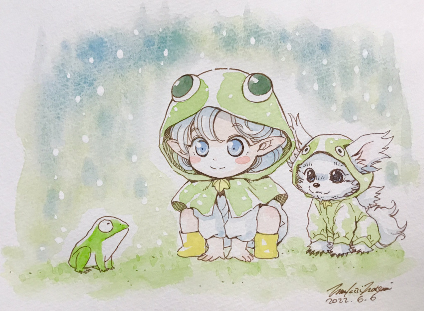 1girl, animal_hood, blue_eyes, blush_stickers, boots, child, closed_mouth, dated