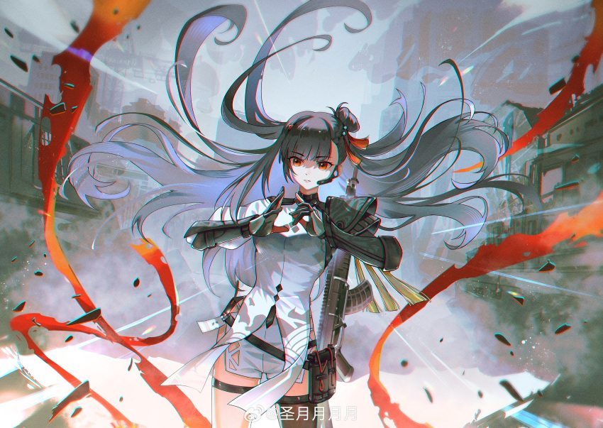 1girl, absurdres, assault_rifle, black_hair, black_socks, girls'_frontline_2:_exilium, girls_frontline, gloves