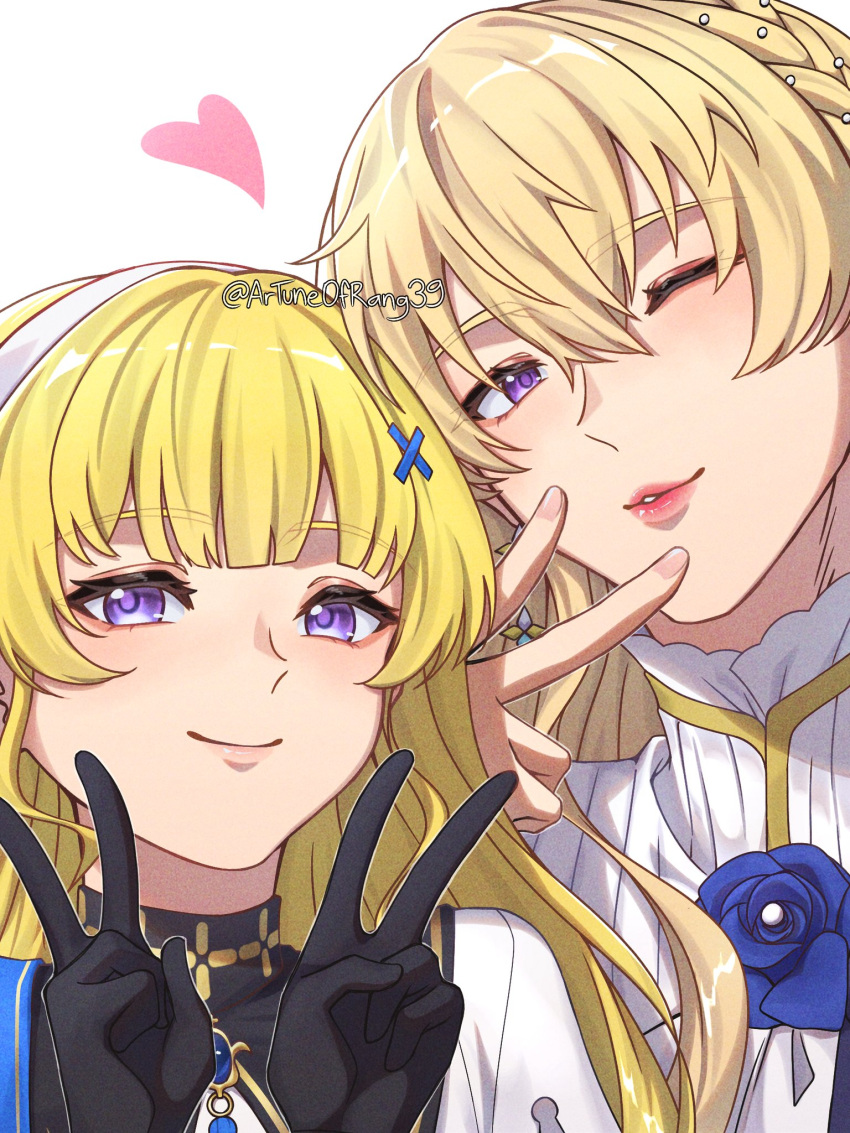 1boy, 1girl, artist_name, artuneofrang39, black_bow, black_collar, blonde_hair, blue_flower, blue_rose, blue_sash, bow, collar, double_v, flower, hair_bow, hair_ornament, highres, kamui_(pgr), light_blush, lips, long_hair, looking_at_viewer, phoebe_(wuthering_waves), punishing:_gray_raven, rose, sash, simple_background, smile, v, violet_eyes, white_background, wuthering_waves, x_hair_ornament