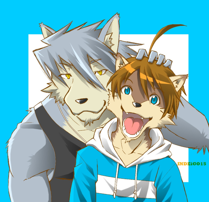 2boys, animal_ears, artist_name, black_tank_top, blue_jacket, brown_fur, brown_hair, collarbone, commentary_request, dog_boy, dog_ears, dog_nose, fangs, furry, furry_male, grey_fur, grey_hair, hand_on_another's_head, hood, hood_down, hooded_jacket, indeigo15, jacket, jewelry, kouya_aotsuki, looking_at_viewer, male_focus, morenatsu, multiple_boys, necklace, open_mouth, shun_kodori, smile, tank_top, wolf_boy, wolf_ears