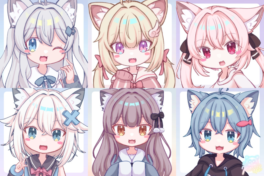 6+girls, :3, :d, ahoge, animal_ear_fluff, animal_ears, antenna_hair, black_bow, black_hoodie, black_ribbon, blonde_hair, blue_border, blue_bow, blue_eyes, blue_hair, blue_hoodie, blush_stickers, border, bow, bowtie, brown_eyes, brown_hair, cat_ears, cat_girl, chibi, chiffon_(vrchat), crossed_bangs, drawstring, fang, fangs, fish_hair_ornament, fox_ears, fox_girl, grey_hair, hair_between_eyes, hair_bow, hair_intakes, hair_ornament, hair_ribbon, hood, hood_down, hoodie, karin_(vrchat), lime_(vrchat), long_hair, long_sleeves, looking_at_viewer, maicha, milk_re_(vrchat), mint_(vrchat), multiple_girls, one_eye_closed, open_mouth, pink_eyes, pink_hair, red_eyes, ribbon, rusk_(komado_booth), sailor_collar, shirt, short_hair, sidelocks, sleeves_past_fingers, sleeves_past_wrists, smile, twintails, two_side_up, upper_body, violet_eyes, virtual_youtuber, vrchat, white_hair, white_shirt, wing_hair_ornament