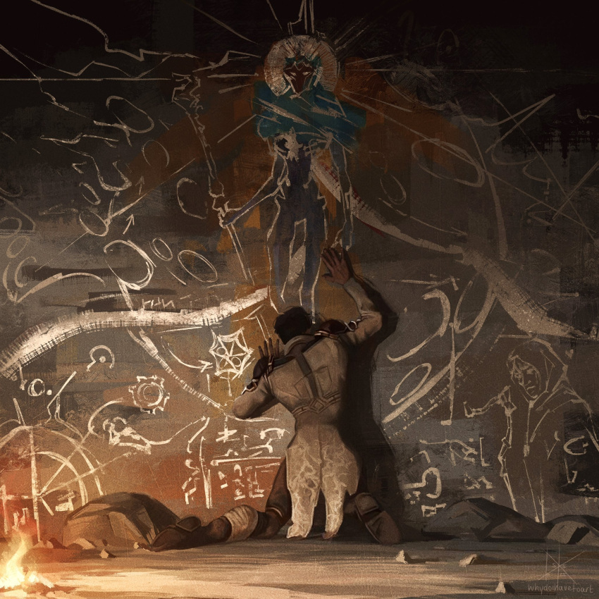 1boy, arcane:_league_of_legends, arcane_savior_viktor, arcane_survivor_jayce, artist_name, black_hair, campfire, cave_interior