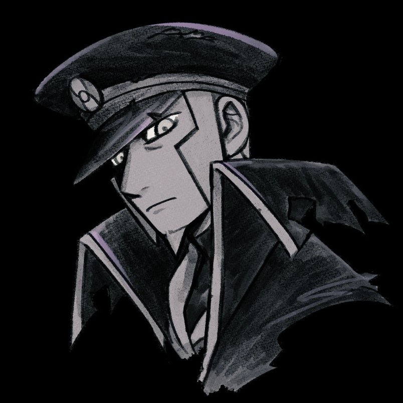 1boy, am10ukiuki, black_background, black_coat, black_hat, black_undershirt, coat, facial_hair, frown, goatee, grey_eyes, grey_hair, hat, ingo_(pokemon), male_focus, monochrome, partially_shaded_face, pokemon, pokemon_legends:_arceus, short_hair, sideburns, torn_clothes, turtleneck