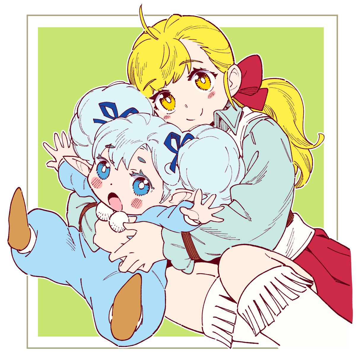 2girls, ahoge, arms_up, blonde_hair, blue_eyes, blue_hair, blue_ribbon, blush