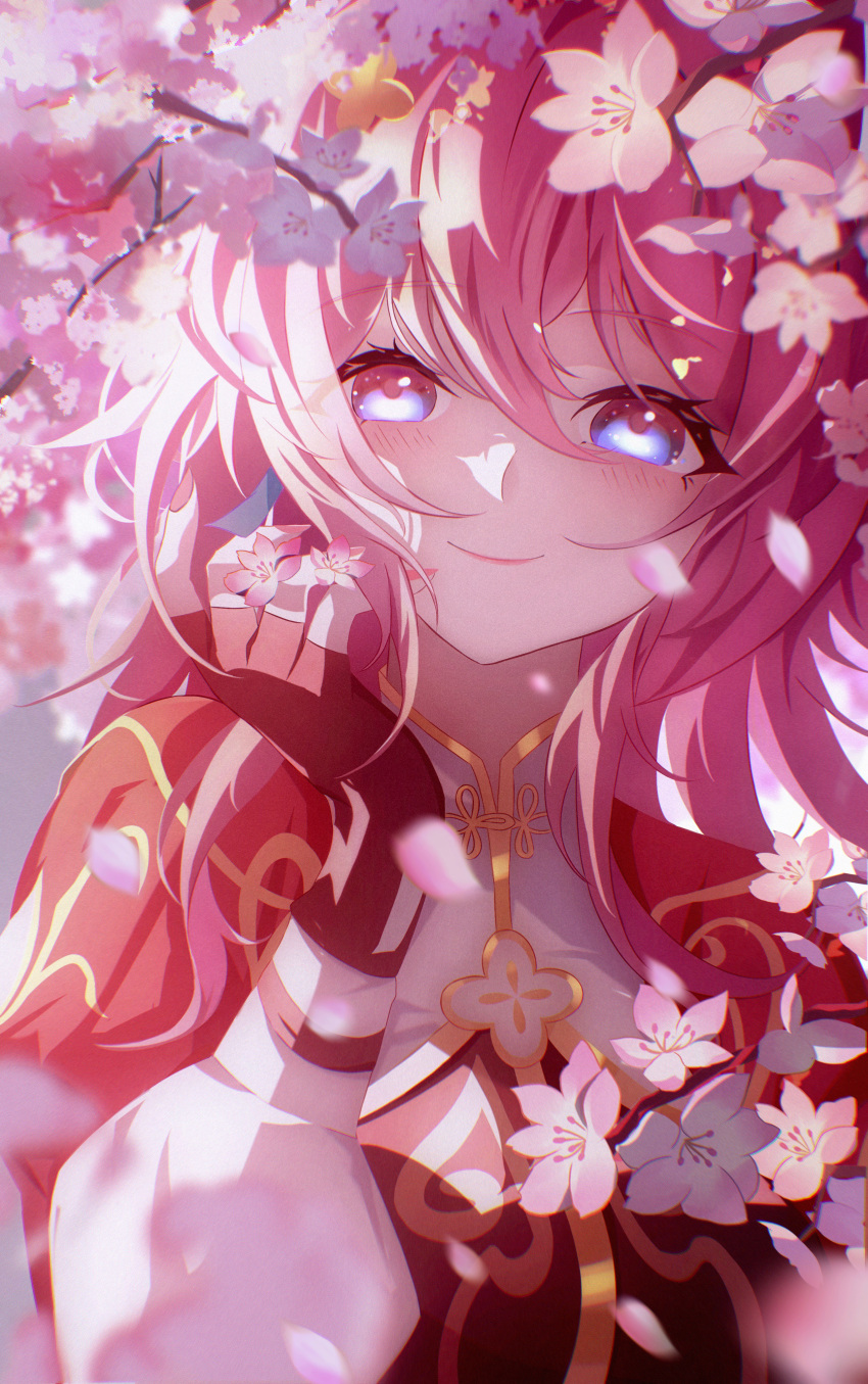 1girl, absurdres, black_dress, black_gloves, blue_eyes, blurry, blurry_foreground, cherry_blossoms, chinese_clothes, chinese_commentary, closed_mouth, commentary_request, dress, earrings, euzh266, falling_petals, fingerless_gloves, gloves, hand_up, highres, honkai:_star_rail, honkai_(series), jacket, jewelry, long_sleeves, mandarin_collar, march_7th_(honkai:_star_rail), march_7th_(hunt)_(honkai:_star_rail), medium_hair, official_alternate_costume, open_clothes, open_jacket, petals, pink_eyes, pink_hair, pink_pupils, puffy_sleeves, red_jacket, shirt, single_earring, smile, solo, two-tone_eyes, white_shirt