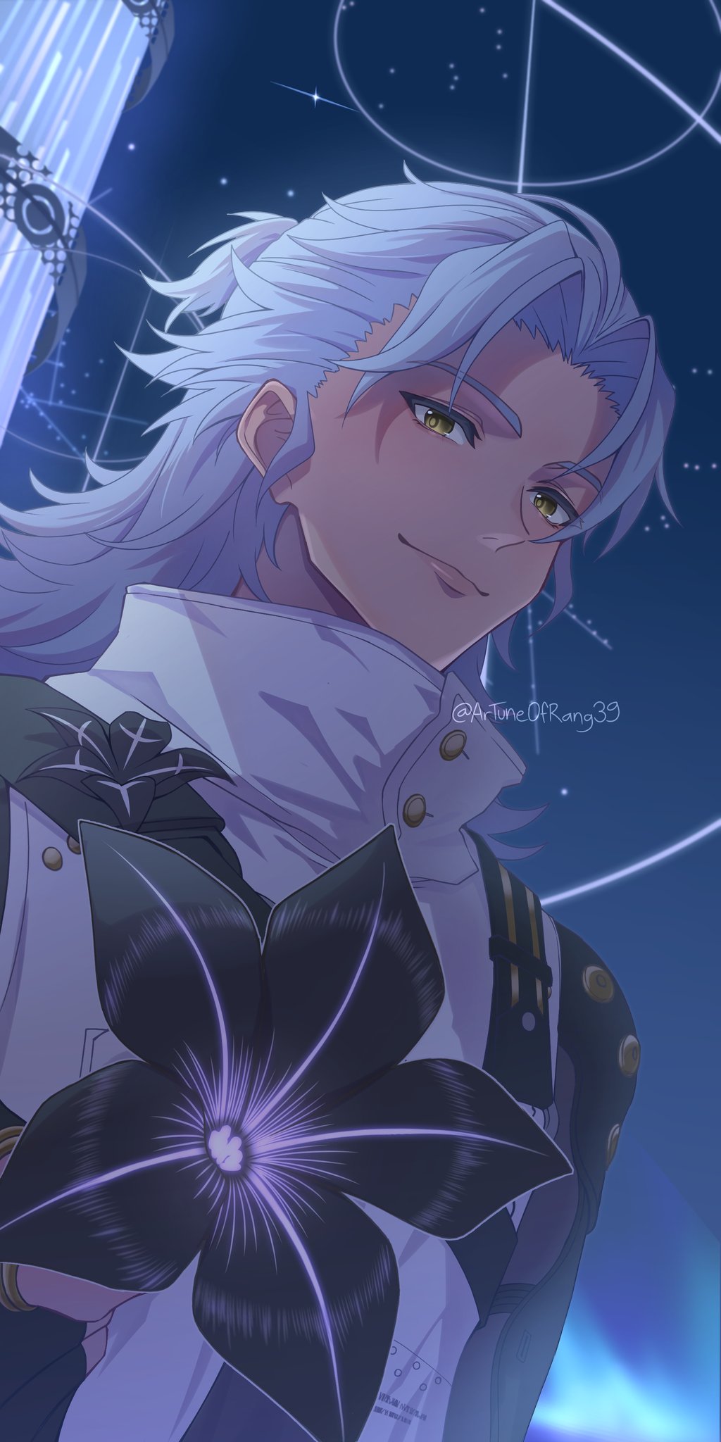 1boy, aalto_(wuthering_waves), artuneofrang39, black_flower, blake_bloom_(wuthering_waves), curtained_hair, flower, grey_jacket