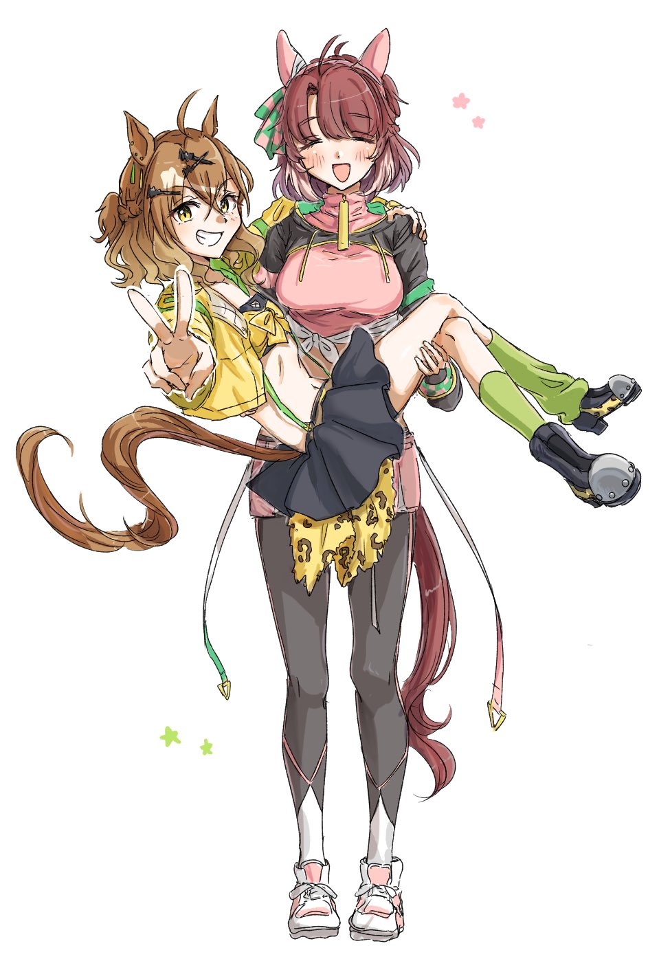 2girls, ^_^, ahoge, animal_ears, black_pantyhose, black_skirt, breasts, brown_hair