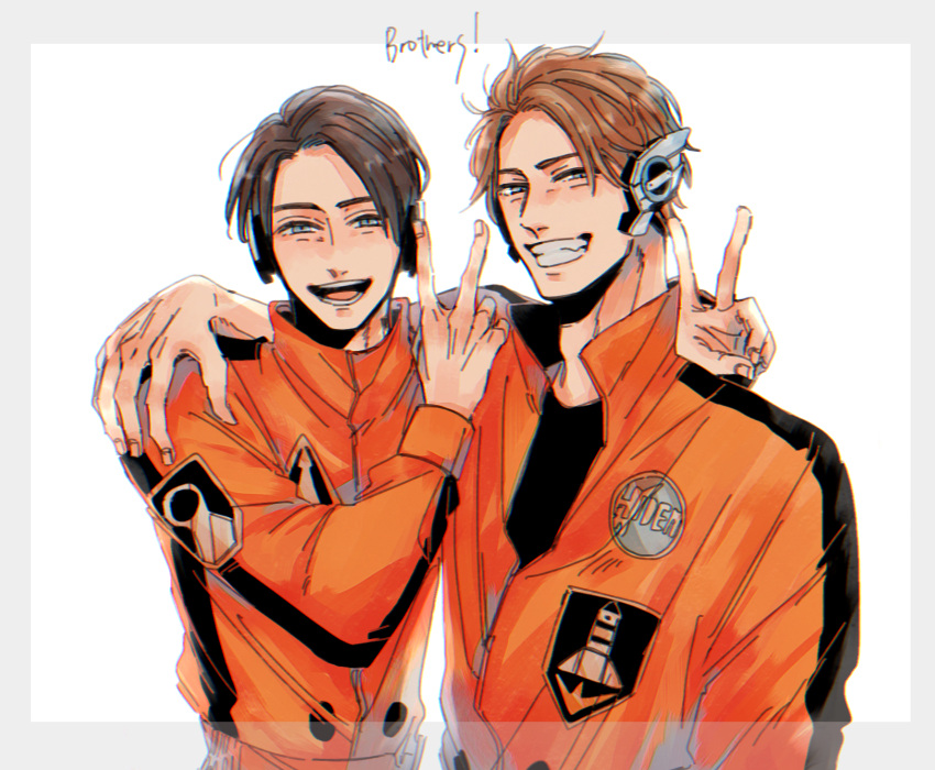 2boys, :d, black_hair, black_shirt, blue_eyes, brown_hair, double_v, english_text