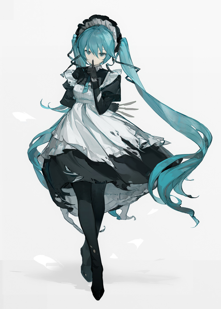 1girl, absurdres, alternate_costume, apron, aqua_eyes, aqua_hair, aqua_necktie, arm_behind_back