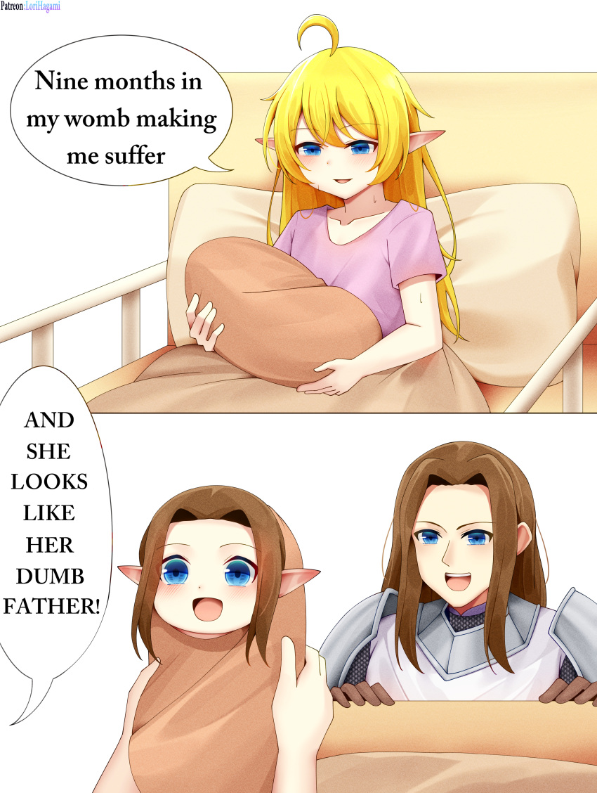 1boy, 2girls, absurdres, after_birth, and_he_looks_like_his_stupid_dad_(meme), armor, baby, bed, bed_sheet, blonde_hair, blue_eyes, brown_hair, brown_pillow, carrying, carrying_person, commission, commissioner_upload, dress, elf, english_text, flat_chest, highres, holding_baby, hospital_bed, hospital_gown, long_hair, lori_hagami, lotte_farona, lying, meme, mother_and_daughter, multiple_girls, official_art, on_bed, pauldrons, pillow, pink_dress, pointy_ears, shoulder_armor, smile, speech_bubble, stephanus_tavilrond, tunic, ways_of_darkness_(series), white_tunic, yellow_pillow