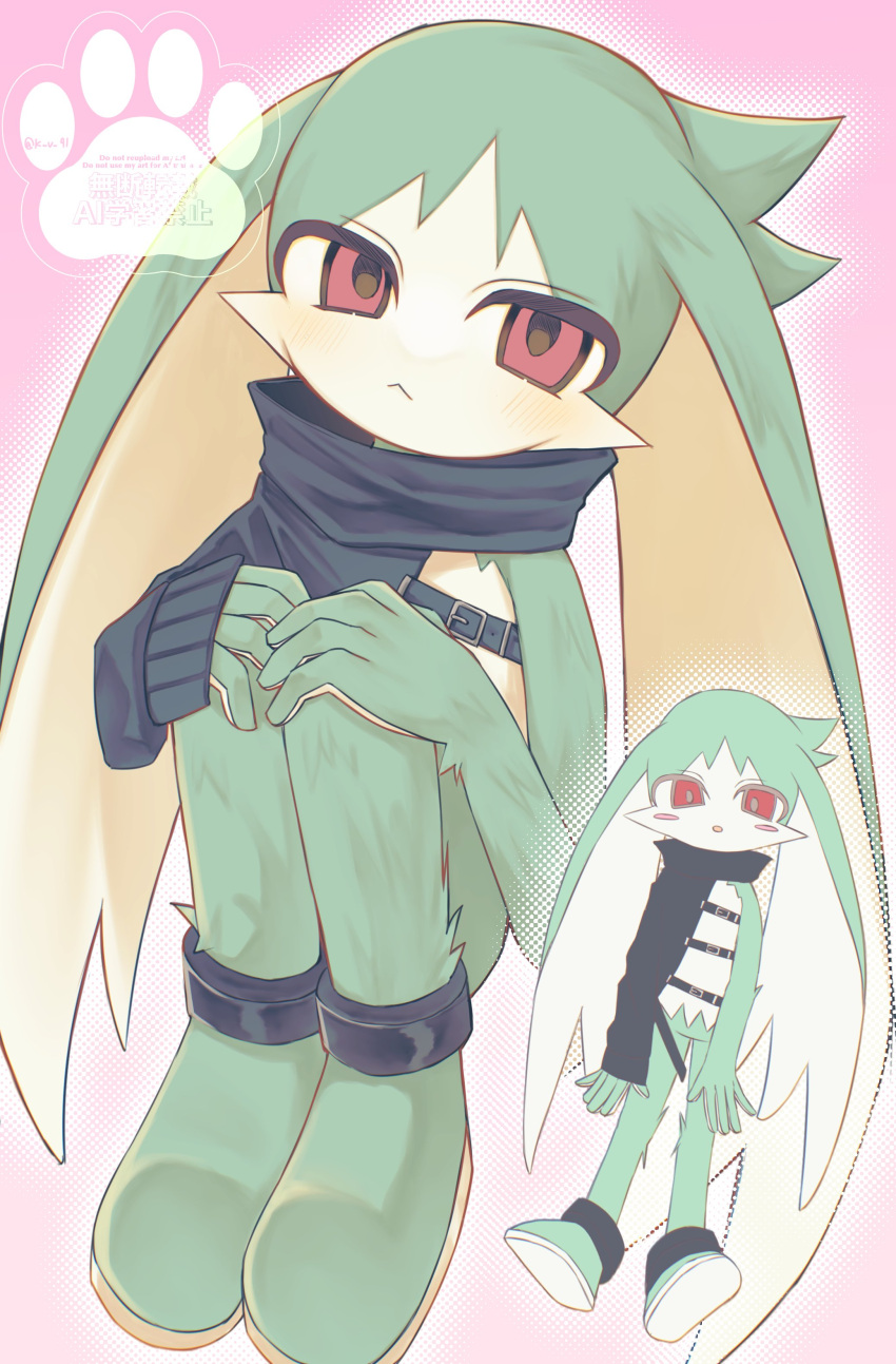 :<, absurdres, belt, black_belt, black_sleeves, furry, green_fur, highres