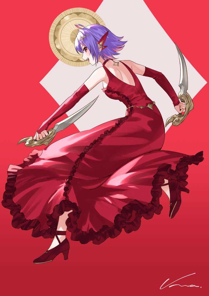 1girl, absurdres, ahoge, alternate_costume, backless_dress, backless_outfit, bridal_gauntlets, choker