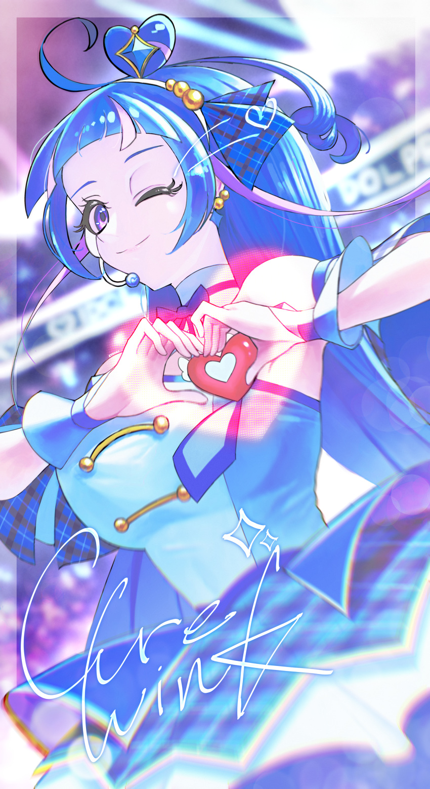 1girl, absurdres, aokaze_nana, blue_bow, blue_bowtie, blue_hair, blue_shirt, blue_skirt